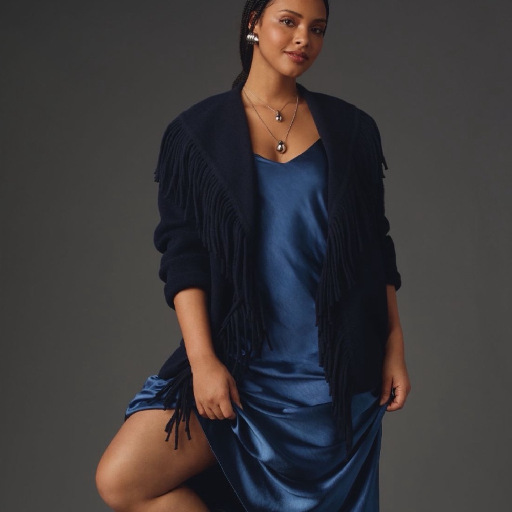 Anthropologie Navy Fringe Open-Front Sweater Cardigan